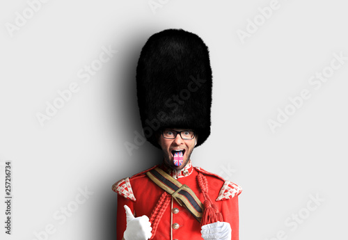 Young man in the costume of the Royal guards of Britain