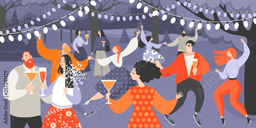 Retro garden party with people dancing and drinking wine. Cartoon characters having fun in the park at night.