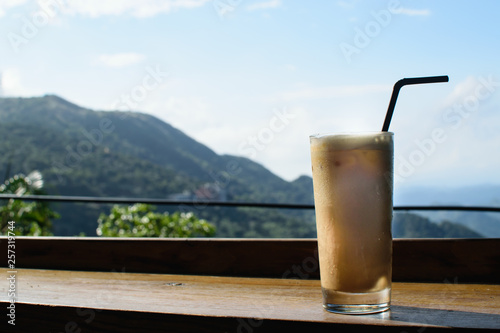 Taiwan Iced Coffee Overlooking Juifen Mountains 