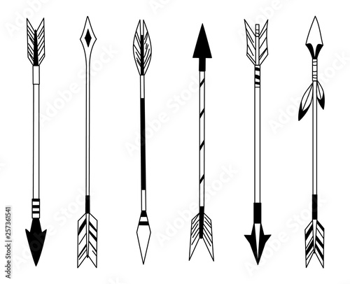 Hand drawn feather arrow, tribal feathers on pointer and decorative boho bow, feather indian arrowhead. Native aztec or hipster tattoo sketch isolated vector symbols set.