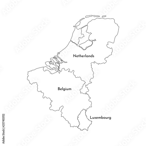 Vector illustration with simplified map of European BeNeLux states (Belgium, Netherlands, Luxembourg). Black line silhouettes, white background