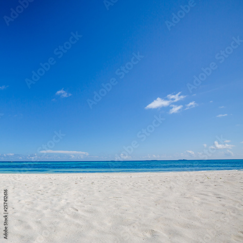 Sea sand sky and summer day. Empty beach scene with horizon and blue sky. Idyll landscape