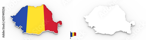 3D map of Romania white silhouette and flag