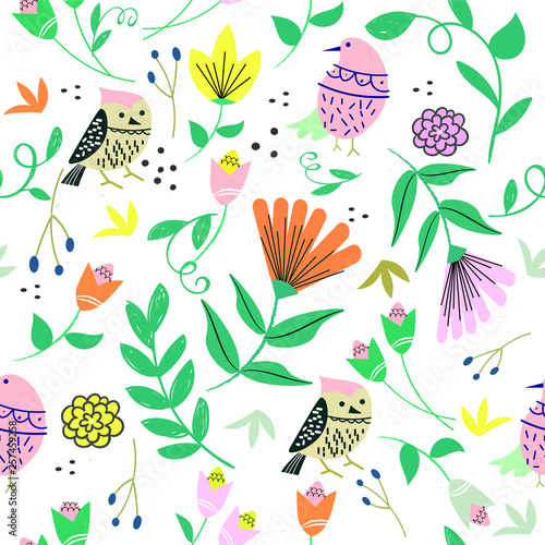 Birds and florals vector illustration seamless background pattern