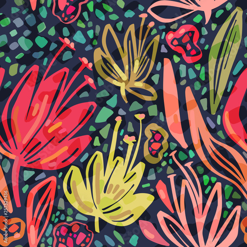 Vector seamless tropical pattern with bright minimalistic flowers on dark background, vivid colors floral summer print design. Botanical hand drawn repeatable backdrop.