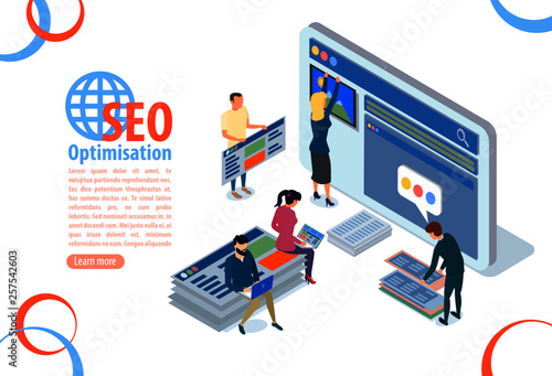 Seo optimization with Pay per click Website concept. People characters, team work on web images. Flat isometric infographics or banner. Illustration with text place