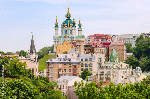Top view of Saint Andrew's church and Andriivska street from above, Kiev (Kyiv), Ukraine.