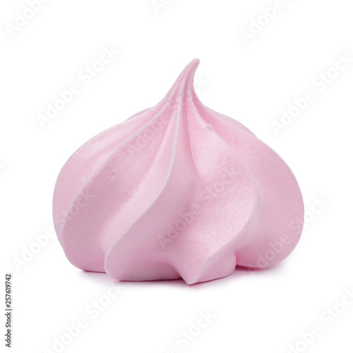 Meringue cookie isolated. Sweet crispy pink twisted meringue on white background.