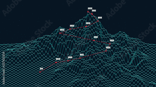 Cyberspace grid 3d technology wireframe landscape, Climbing route to the top mountain, Business is the way to success