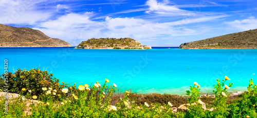 Scenic nature and beautiful beaches of Crete island. View of Spinalonga. Greece