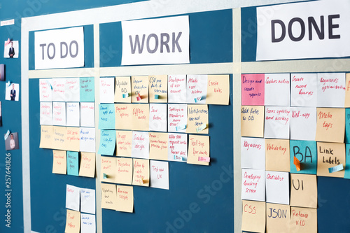 Scrum task board with stickers on wall in office