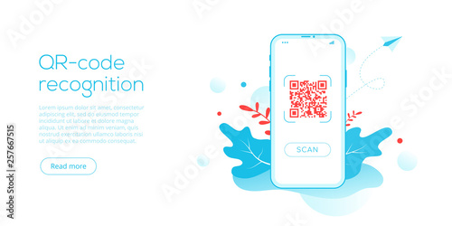 QR code technology in creative flat vector illustration. Smartphone matrix barcode system concept. Locator or identifier scanner in mobile phone. Web site landing page template or banner layout.