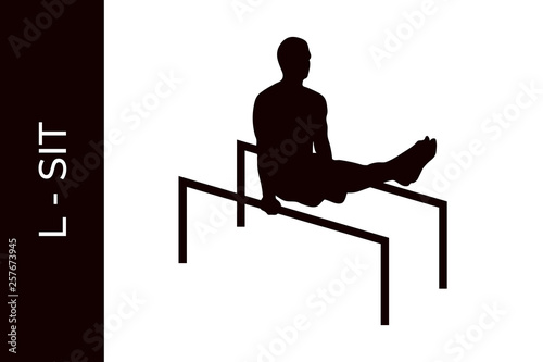 Male athlete silhouette doing calisthenics l-sit exercise isolated on white background. Functional training with own weight. Street workout training. Vector illustration for web and printing.