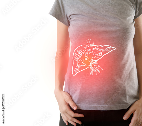 Digital composite of highlighted painful liver of woman