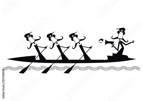 Kayak, three oarsman and quartermaster with megaphone isolated illustration. Cartoon long mustache oarsman and quartermaster with megaphone floating on the waves on a boat black on white