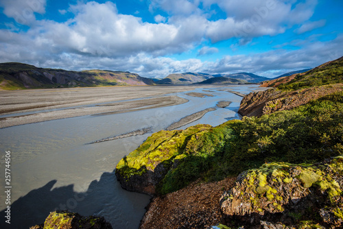 Valley of Jokulsa I Loni braided river viewed toward Lonsoraefi natural reserve in South East of Iceland.