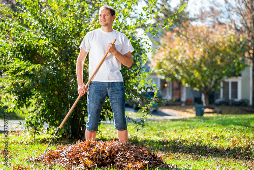 Young man homeowner in garden yard backyard raking collecting of dry autumn foliage oak leaves standing with rake in sunny fall