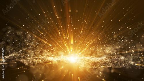 Dark brown background, digital signature with particles, sparkling waves, curtains and areas with deep depths. The particles are golden light lines.