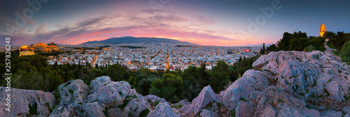 View of Acropolis from Filopappou hill at sunrise, Greece. 