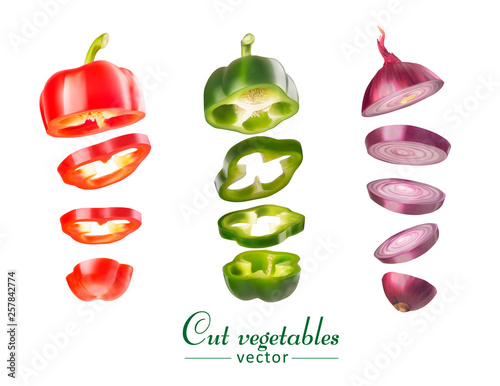 Set of vegetables of bell pepper and onions. Vegetables are cut to pieces. Vector realistic illustration isolated on white background.