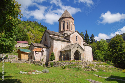 Timotesubani is a medieval Georgian Orthodox Christian monastic complex. The church is built of pink stone. Georgia, Samtskhe-Javakheti region, Borjomi Gorge