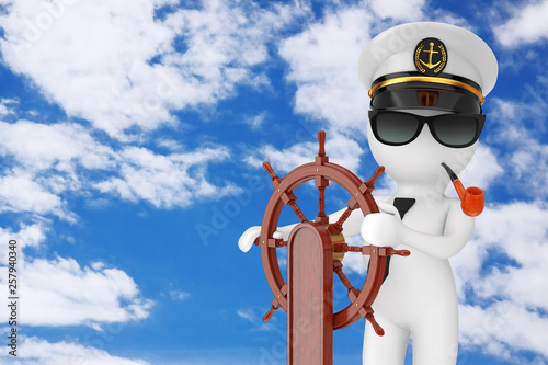 Captain Cartoon Character in Navy Ship Captain Hat with Smoking Pipe and Sunglasses near Vintage Wooden Ship Steering Wheel with Stand. 3d Rendering