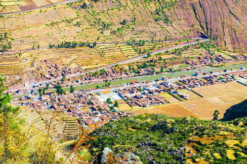 Aerial view of Pisac village in Urubamba sacred valley, Peru, South America