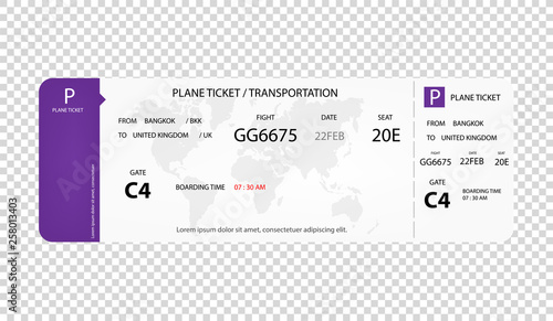 Modern airline ticket. Plane ticket design on transparent background. Concept design of Plane ticket, airline ticket. Vector flat style cartoon illustration