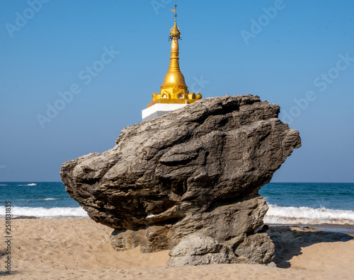 Buddhist stupa at Ngwe Saung Beach on the Bay of Bengal in Myanmar