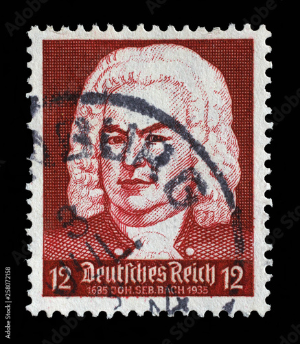 Stamp issued in German Realm shows Johann Sebastian Bach (1685-1750), composer, circa 1935.