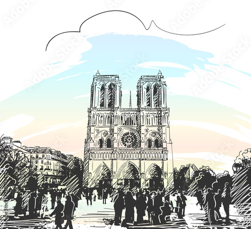 Sketch of Notre Dame Cathedral in Paris, Hand drawn illustration