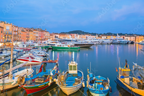 Sunset over Saint Tropez old town and the marina, France