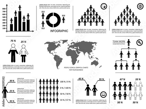 Black monochrome vector demographic people icons infographic template