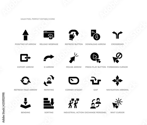 set of 20 black filled vector icons such as wait cursor, navigation arrows, forbidden cursor, crossroad, exchange personel, industrial action, export arrow, download arrow, refresh button, reload