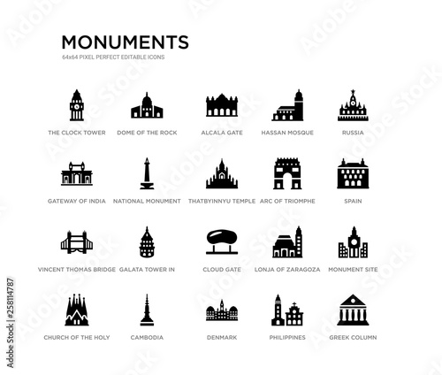 set of 20 black filled vector icons such as greek column, monument site, spain, russia, philippines, denmark, gateway of india, hassan mosque, alcala gate, dome of the rock. monuments black icons