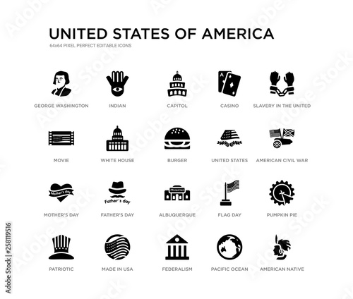 set of 20 black filled vector icons such as american native, pumpkin pie, american civil war, slavery in the united states, pacific ocean, federalism, movie, casino, capitol, indian. united states