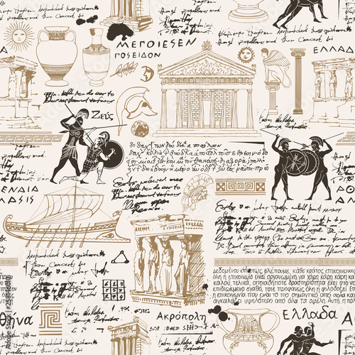 Vector seamless pattern on the theme of ancient Greece. Antique manuscript with sketches, illegible handwritten texts, blots and spots in retro style. Can be used as wallpaper or wrapping paper