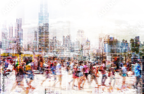 Crowd of anonymous people walking on busy city street - abstract city life concept