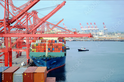 Cargo operation on the container ship in the port of Long Beach, California.