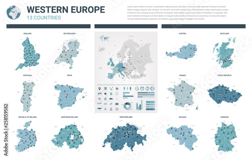 Vector maps set. High detailed 13 maps of Western Europe countries with administrative division and cities. Political map, map of Europe continent, world map, globe, infographic elements.