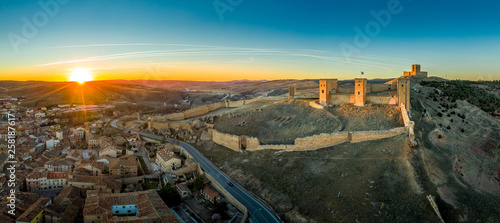 Molina de Aragon classic medieval Spanish ruined castle aerial panorama view at sunset close to Guadalajara Spain