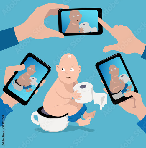 Upset baby sitting on a potty, multiple smartphones sharing his photo on-line, EPS 8 vector illustration