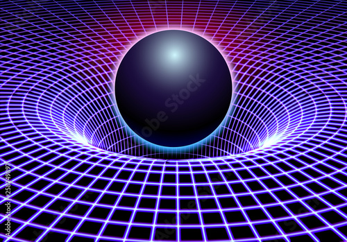 Black hole or gravity grid with glowing ball or sun in 80s synthwave and style