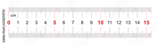Ruler of 150 millimeters. Ruler of 15 centimeters. Calibration grid. Value division 1 mm. Precise length measurement device. Two-sided measuring instrument.