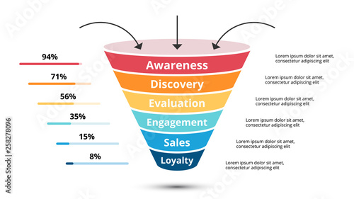 Vector sales funnel with arrows for marketing and startup business. Infographic template. Can be used for presentation slide. 6 steps, parts, options.