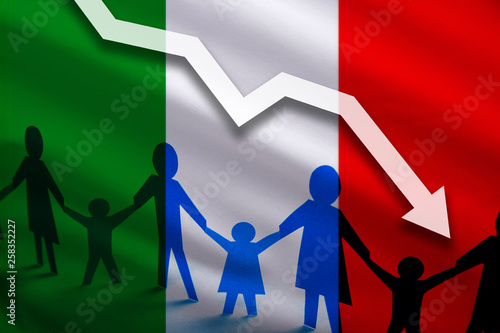 Italy flag background of the arrow chart down. Decrease in the number of the country's rape. Fertility below the measurement. Reducing the flow of refugees, tourists, immigrants.
