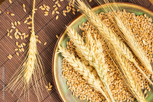 Reap of durum wheat from different varieties. Wheat grains in a plate. Top view.