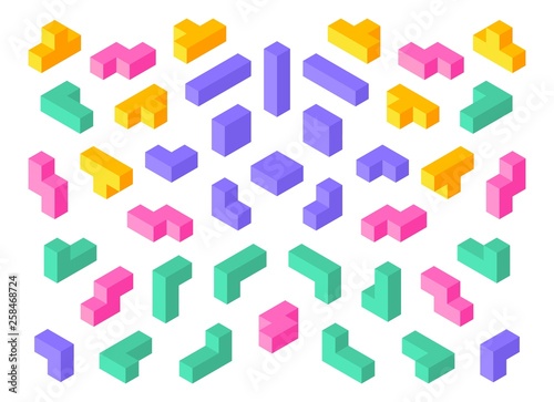 Tetris shapes. Isometric 3D puzzle game elements colorful cube abstract blocks. Vector isometric tetris design objects set