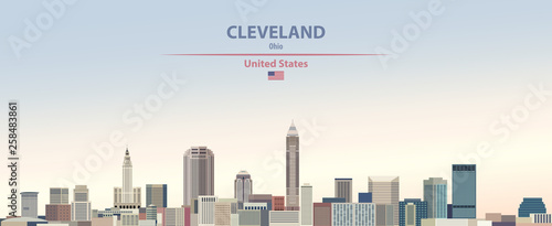 Cleveland city skyline vector illustration on colorful gradient beautiful day sky background with flag of United States