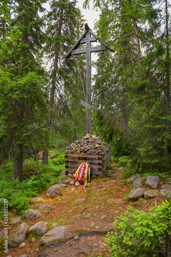 SOLOVKI, REPUBLIC OF KARELIA, RUSSIA - JUNE 27, 2018: Memorial cross in the Holy Ascension skete under the Sekirnaya mountain. The Solovetsky Monastery. Solovki Islands, Arkhangelsk region, White Sea